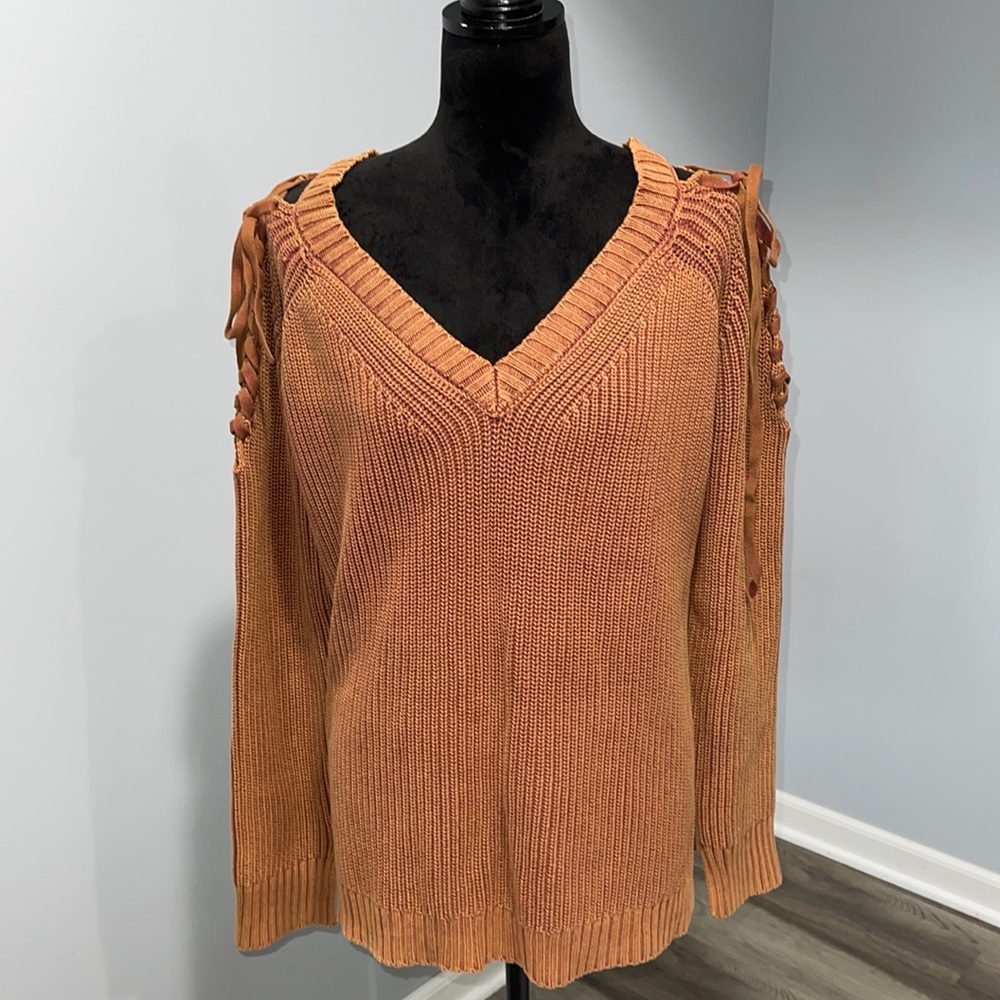Women’s size large Do+Be cotton v-neck sweater rusty orange brown NEW
